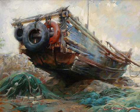 a painting of an old boat by Jian Wu